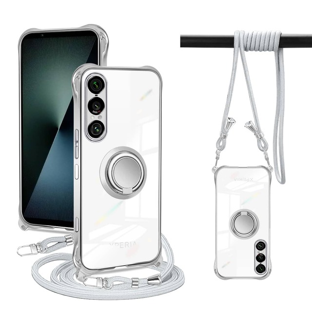 PAILAIMEN SONY Xperia 1 VII ケース クリア ネック リング付き ショルダー xperia1 vii ケース SO-51F/SOG15 耐衝撃 対応 エクスペリア1 Vii スマホケース 肩掛け 斜めかけ 縄掛け 透明 TPU ストラップ付き 薄型 軽量 紐付き ネックストラップ ショルダー 肩掛け 縦/横 2WAY 長さ調整可能 取り外し可能 落下防止(シルバー)