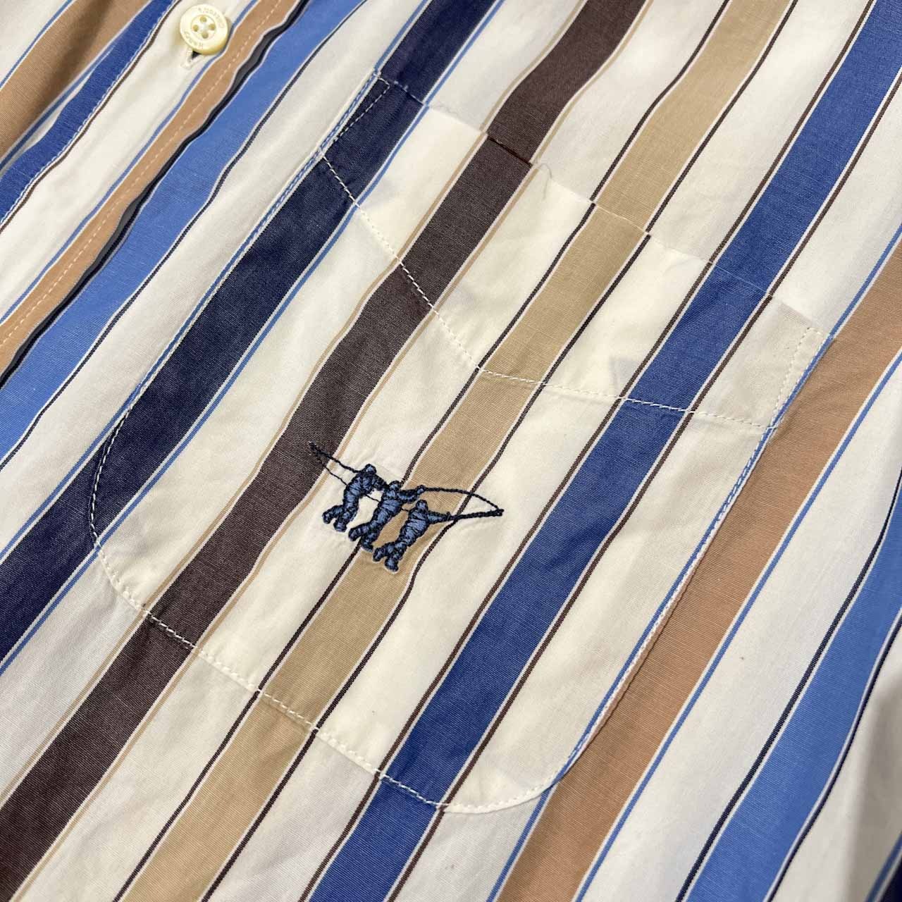 イタリア製 Henry Cotton's ヘンリーコットンズ ストライプ柄 BD 半袖シャツ サイズ 39 /メンズ/レナウン/ホワイト×ブルー×ブラウンベージュ系