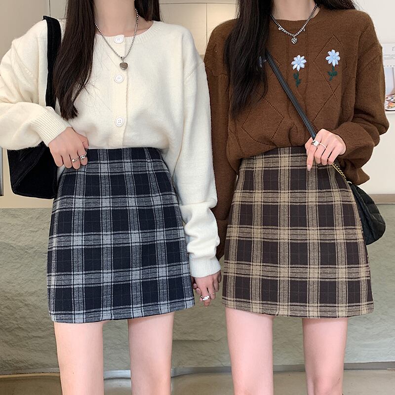 Aラインスカート レディースウィンターハイウェストスタンダード格子柄 レトロ 冬物 1号婦人2926631265