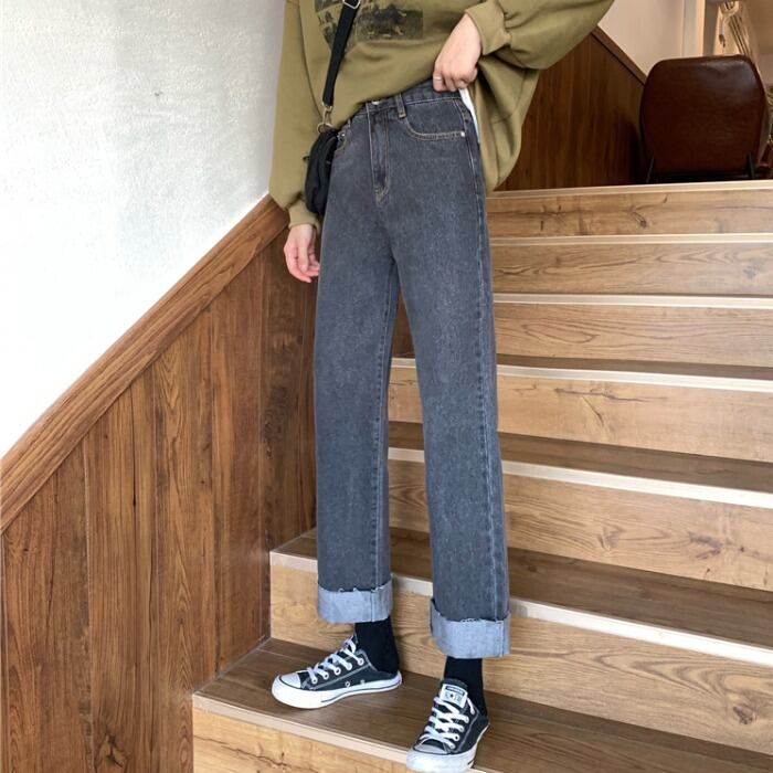 スタンダードブラックジーンズ スプリングハイウェストウェスト薄手ワイドレッグパンツ ロング レトロ 春物 ワイドパンツ 1号婦人45335573946