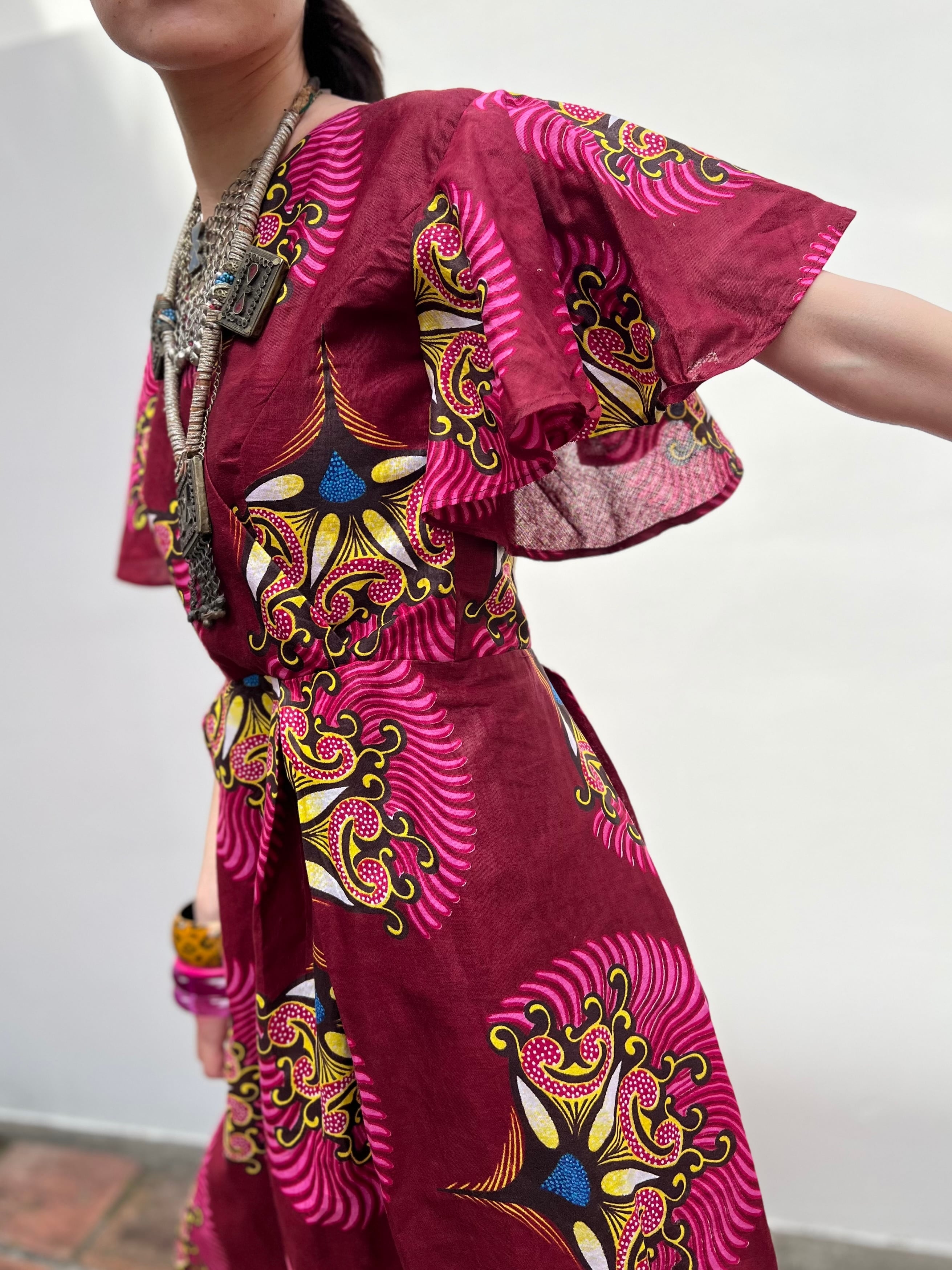Vintage africanbatik wine red dress ( ヴィンテージ アフリカン