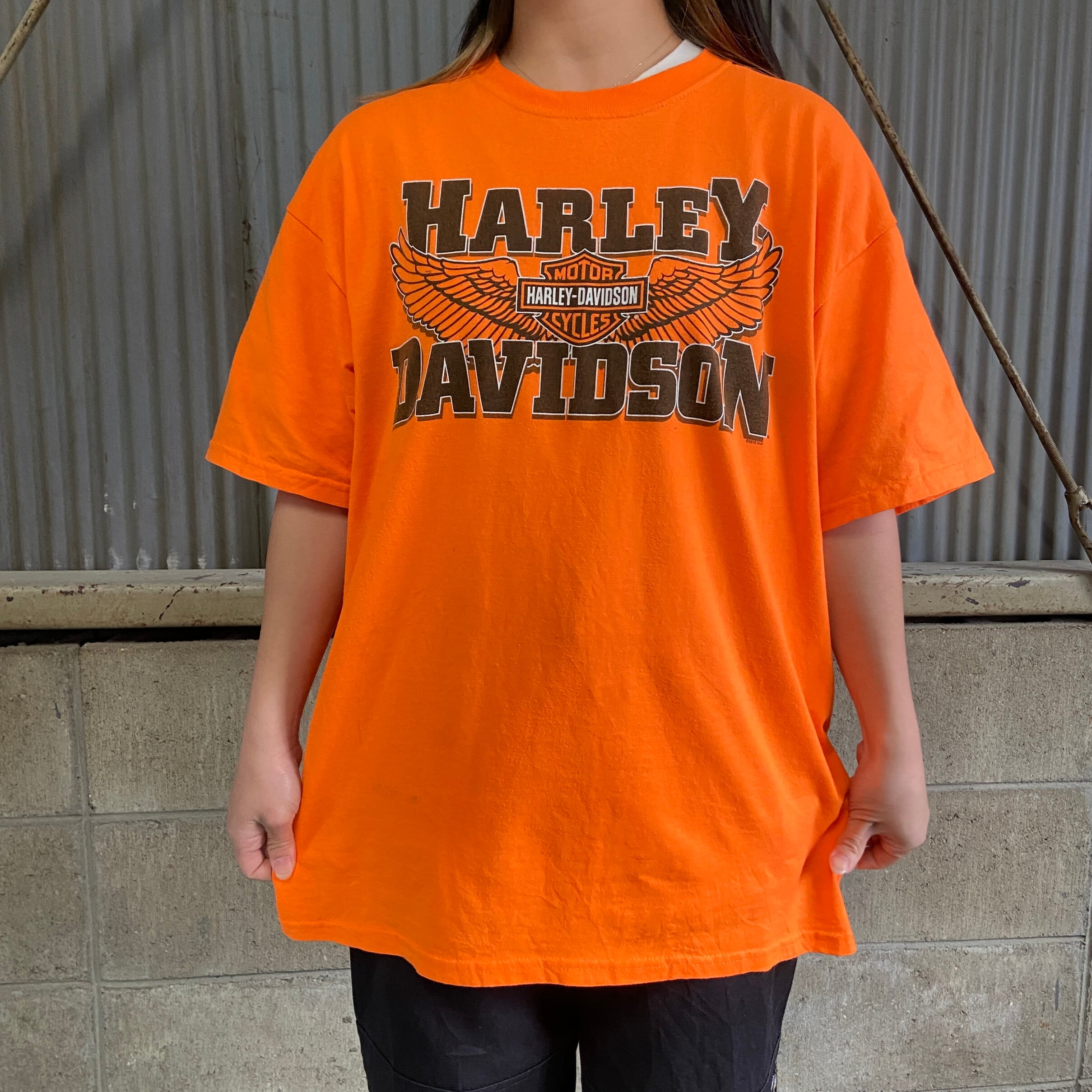 Harley-Davidson ハーレーダビッドソン 両面プリント Tシャツ メンズL 古着 オレンジ モーターサイクル バイクTシャツ ロゴプリント  バックプリント 【Tシャツ】 | cave 古着屋【公式】古着通販サイト