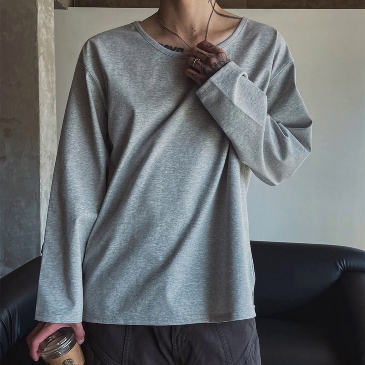 リラックスワイドネックロングTシャツ　1296