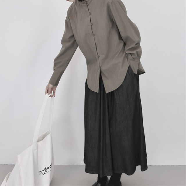 Frill stand collar round hem long sleeve shirt【2color】 C1122