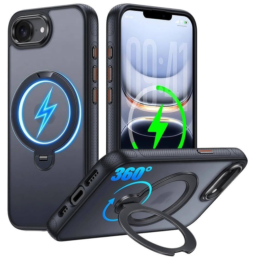 Kahper iPhone 17e/16e 用 ケース MagSafe対応 360度回転スタンド 縦横両対応 米軍規格耐衝撃 マット仕上げ「ブラック」