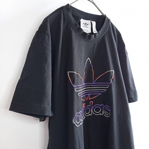 アディダス　オリジナルス　Tシャツ　半袖　ストライプ　ビッグ　刺繍ロゴ　黒　XL