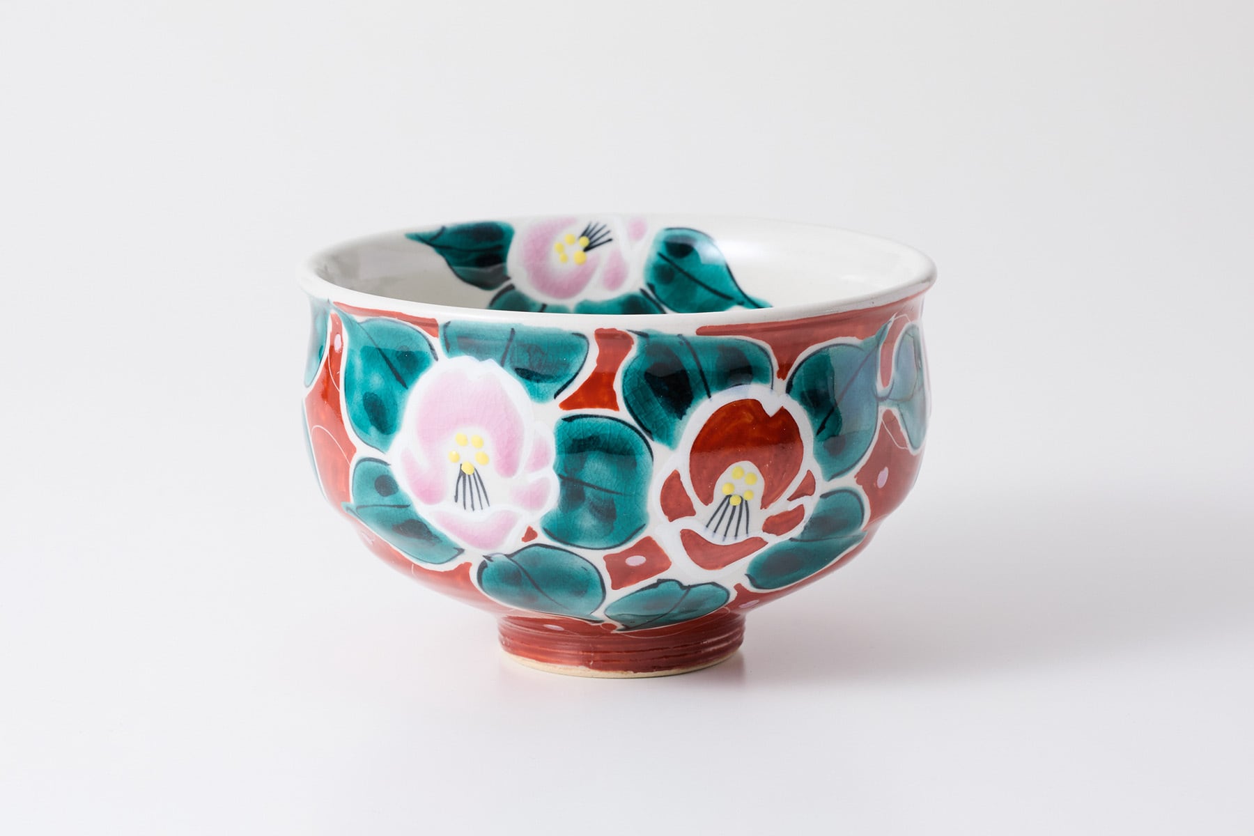 抹茶碗 色絵無双椿 赤