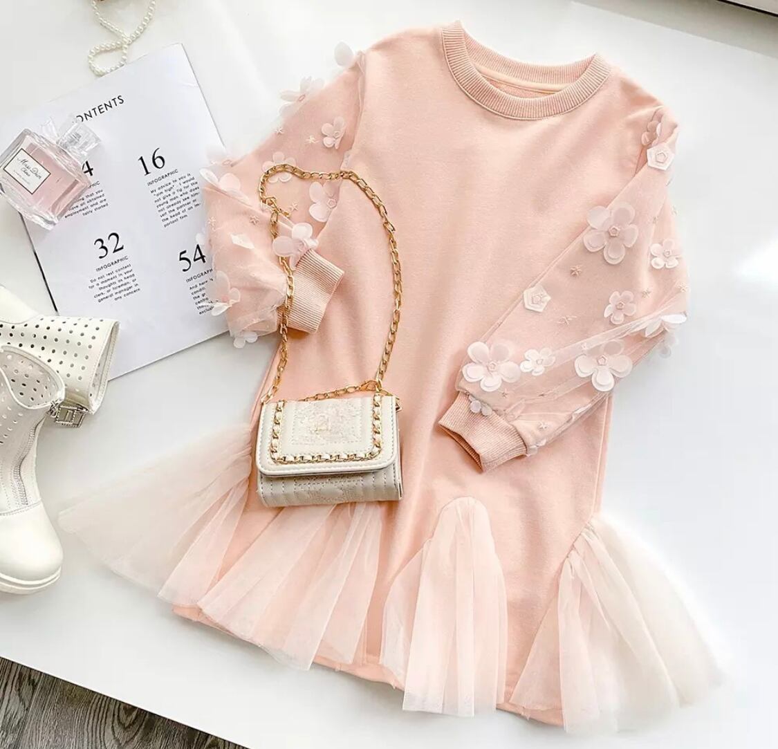 フラワーチュール袖ワンピース》》》》》海外子供服 プチプラ スウェット キッズ ガール ピンク
