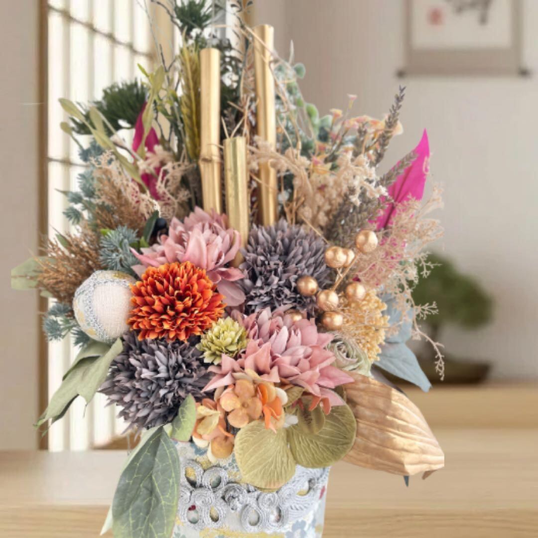 ⑯ ドライスタイル 和モダン門松 M｜可憐な花々と竹が奏でる、迎春