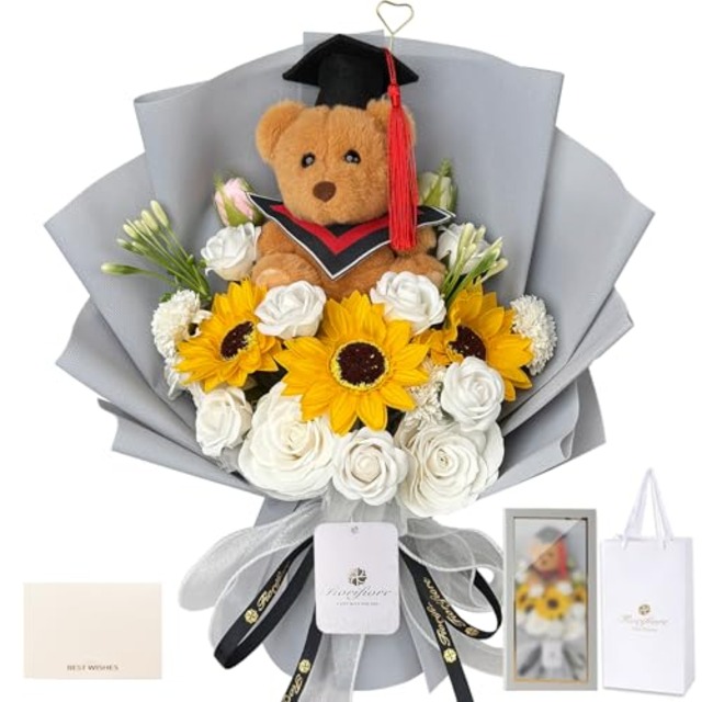 Fiorifiore 2025新登場 ソープフラワー 花束 かわいい小熊入り ギフトセット 誕生日プレゼント バラ 高級造花ブーケ 母の日記念日卒業入学バレンタインインテリア装飾(Solenne)