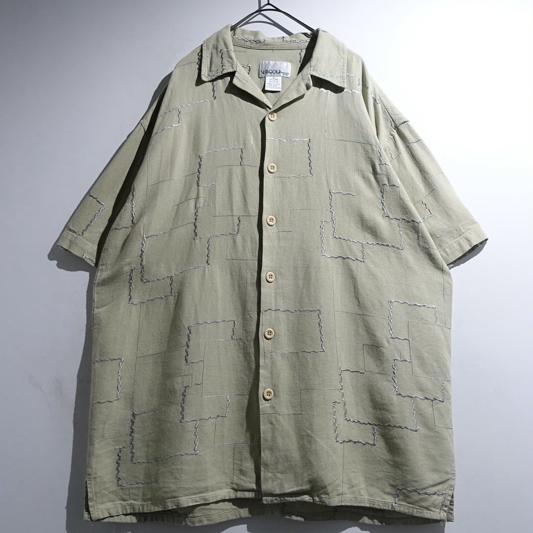 90s Green Abstract Embroidery Design Open-Collar Linen & Rayon S/S Shirt