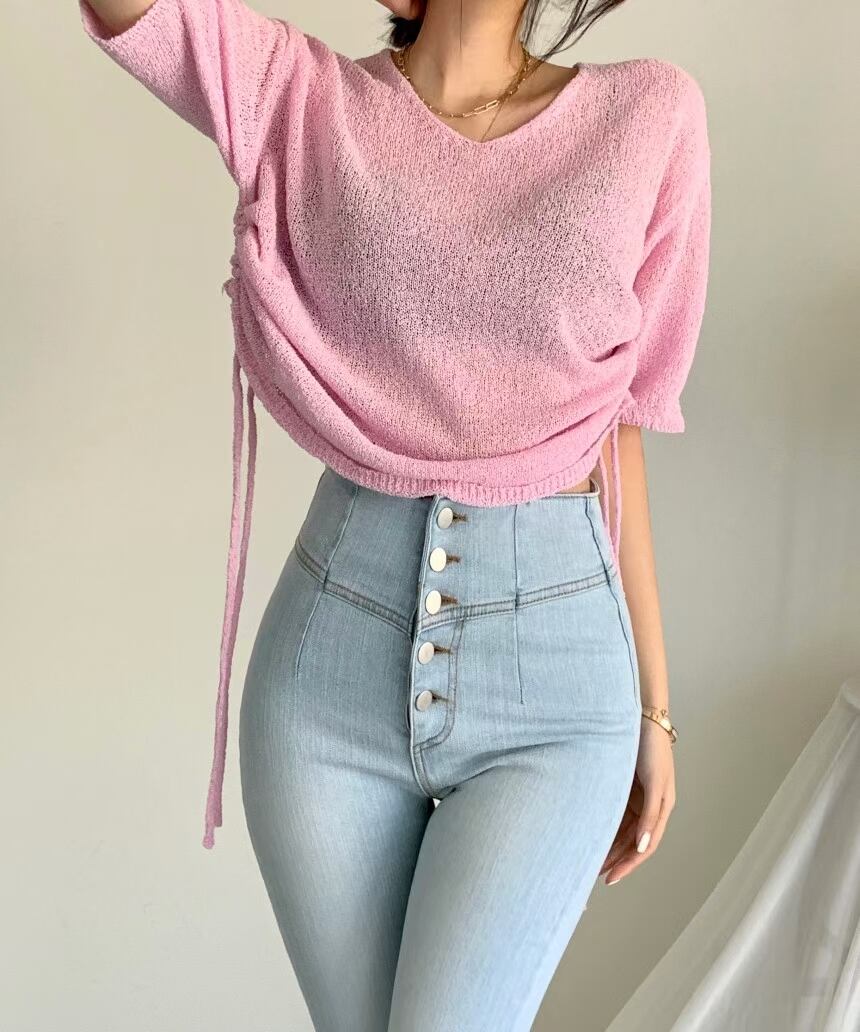 両サイドシャーリングトップス　AJ1079-E06