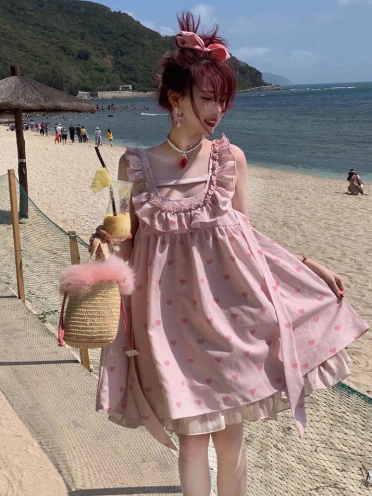HOUZHOU スリップドレス女性ピンクフリルパッチワークミニドレス 