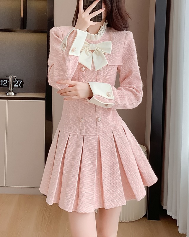 プリーツリボンピンクツイードワンピース 　25W08229