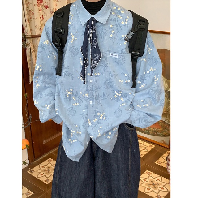【C2 Studiosシリーズ】★チャイナ風トップス★ シャツ 長袖シャツ 花柄シャツ 男女兼用 メンズ ブルー 青い