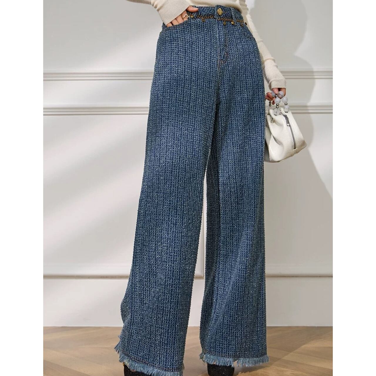 ブルーデニムライクフリンジワイドパンツ W00404