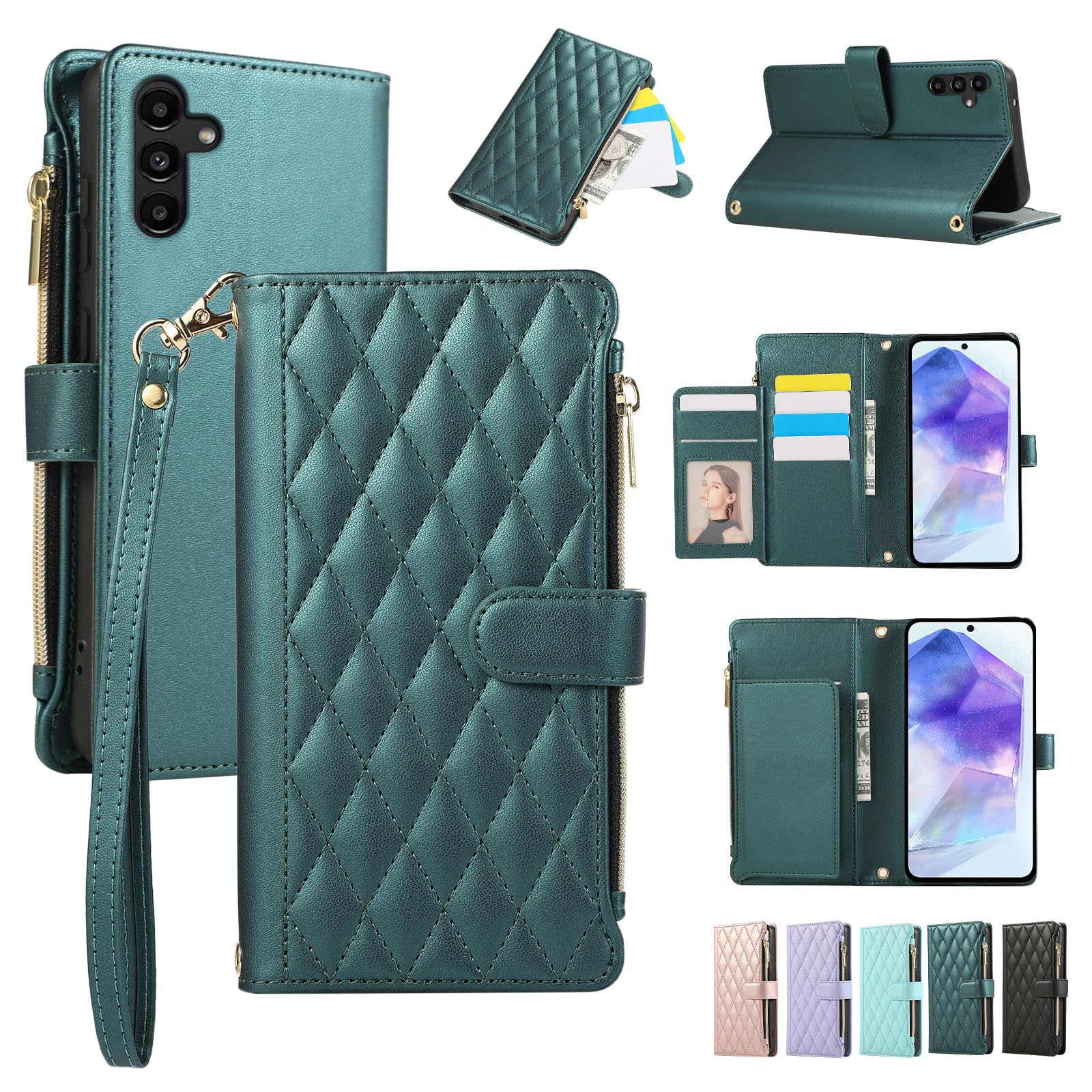 Galaxy A55 5G ケース 手帳型 ギャラクシーA55 カバー SC-53E ショルダー SCG27 肩掛け スマホケース ギャラクシーA55 カード収納スマホケース Galaxy A55 財布型 マグネット開閉 スタンド機能 ストラップ付き キャッシュポケット RFIDブロッキング おしゃれ TPU 斜め掛け 6.6インチ 耐衝撃 携帯ケースgalaxya55 ケース ダークグリーン