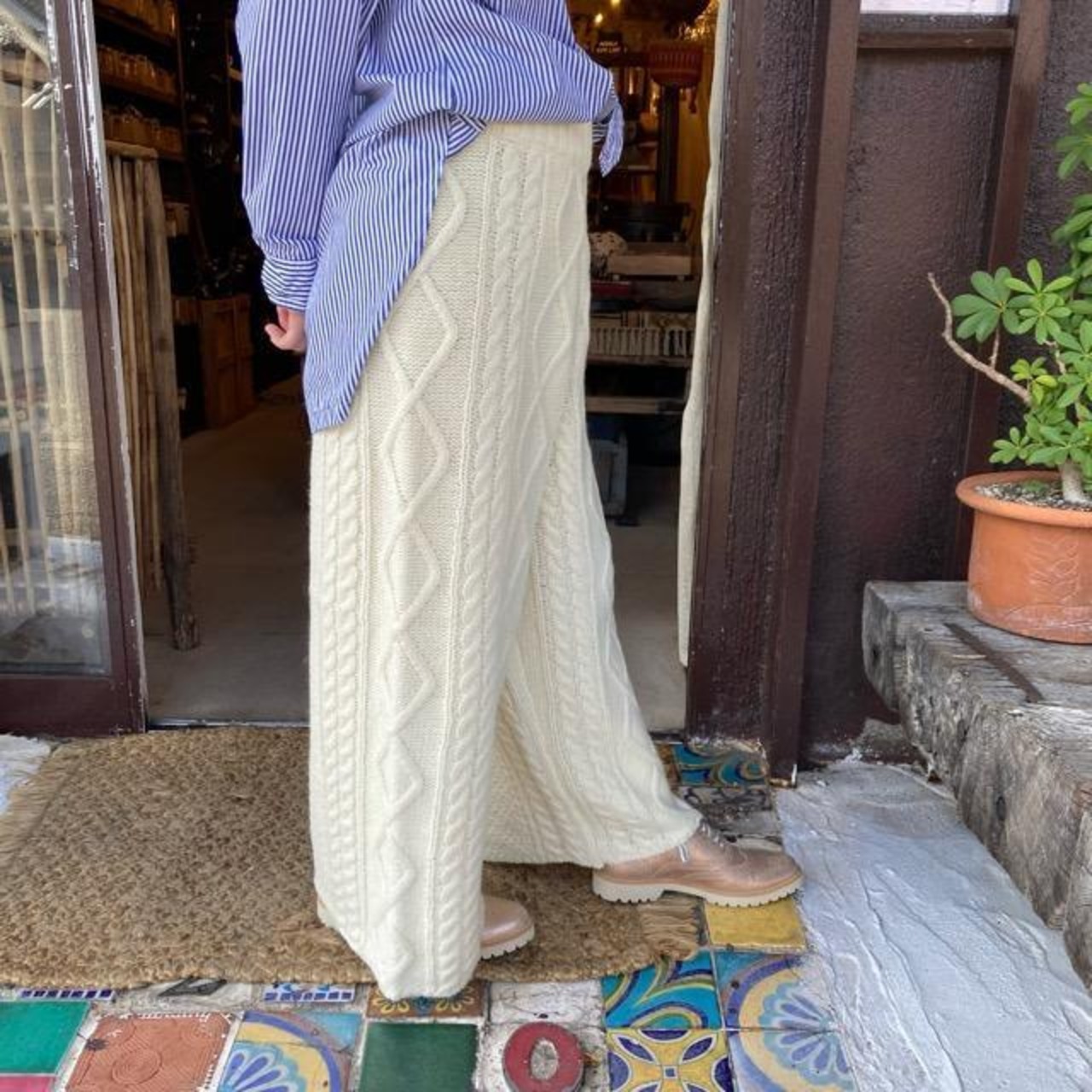ichi(イチ)　アラン編ニットパンツ　ホワイト
