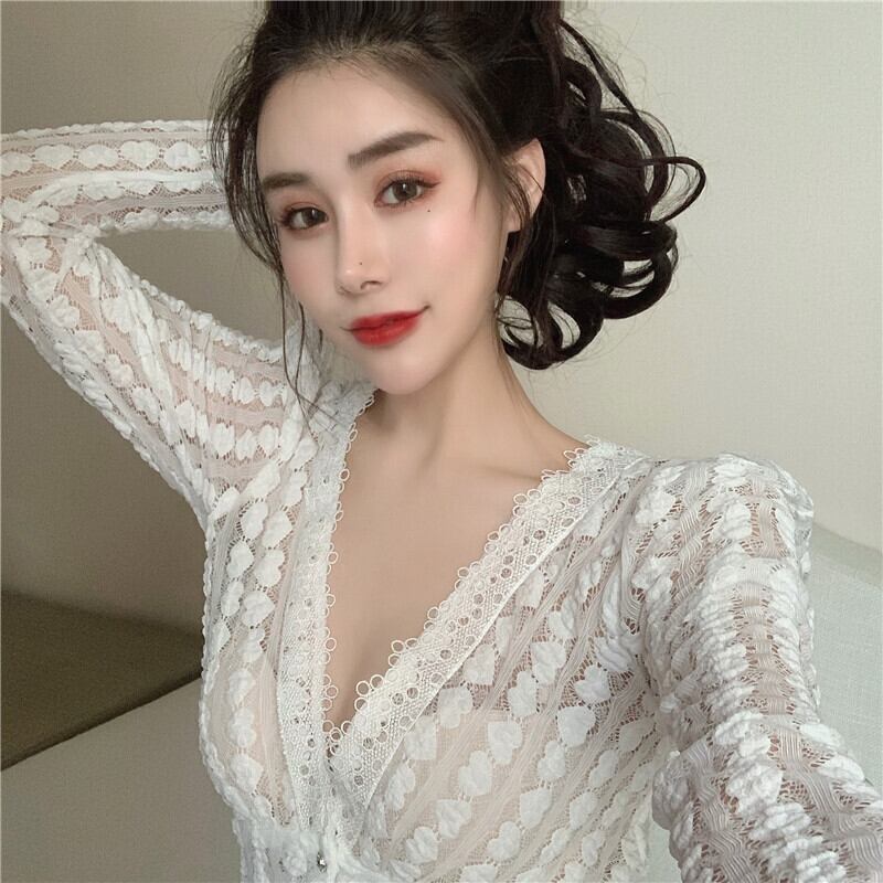 薄手レースシャツ オータムスタイルVネックホワイト ロング 秋物 ガールズファッション78961272899