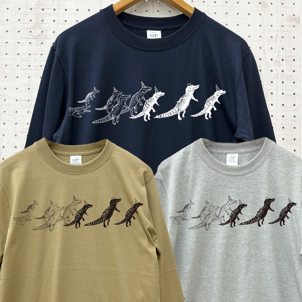 ワニ行進 長袖Tシャツ 3カラー ネイビー カーキ 杢グレー メンズ