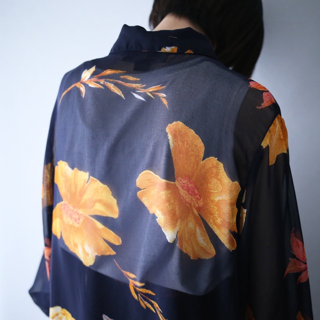 XX over silhouette art flower pattern see-through shirt