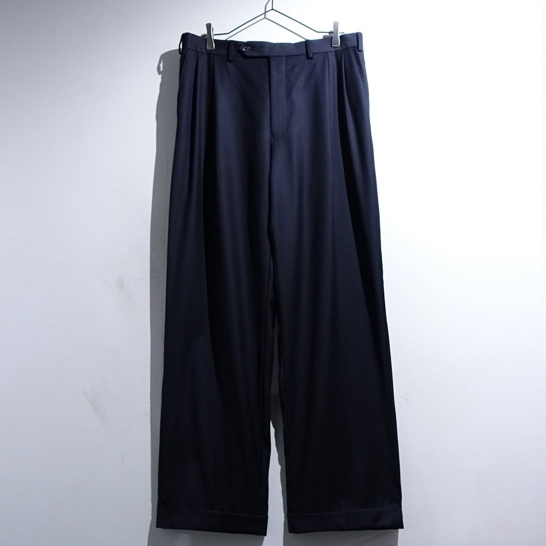 90s Navy Gabardine 2-Tuck Wide Straight Double Slacks