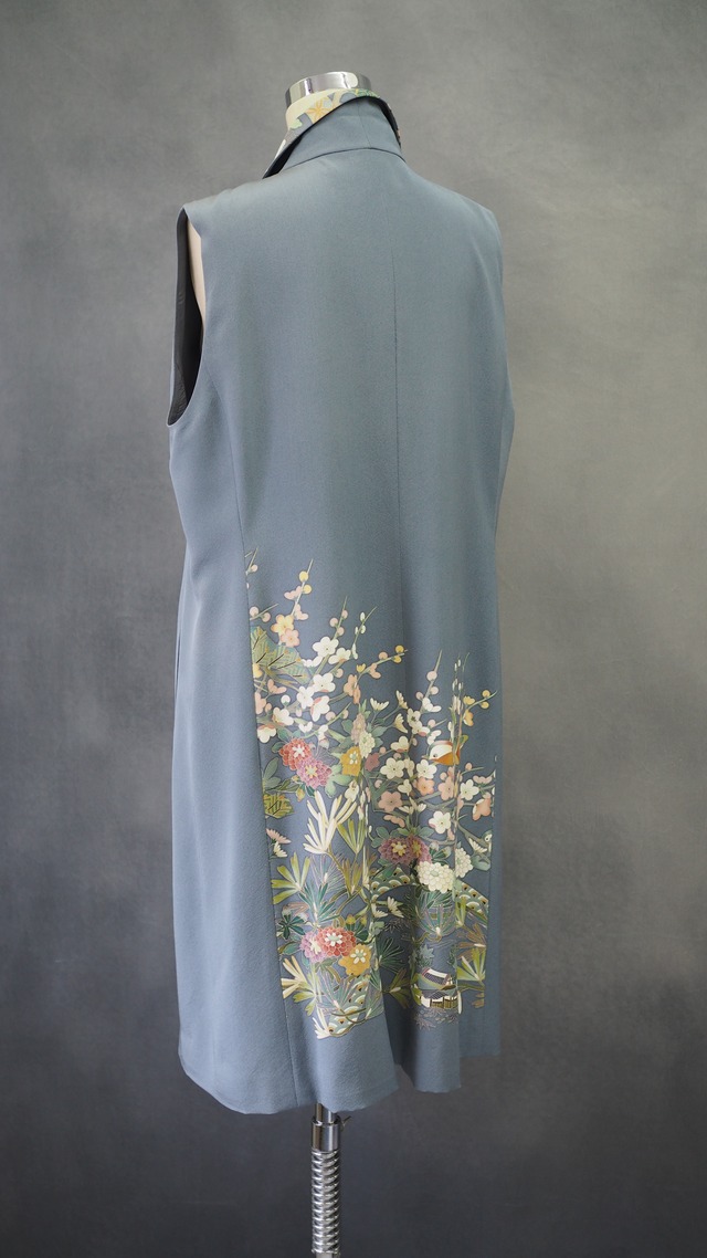 Regenerated Kimono Tailored vest – Handcrafted in Japan/GARDEN OF AUSPICIOUS BLOSSOMS ON SKY BLUE SILK　着物リメイクのテーラードジレ｜日本のヴィンテージシルクを再生した一点物/空色の絹に咲く吉祥の庭