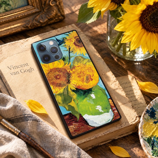 【フィンセント・ファン・ゴッホ】～３本のひまわり～ 絵画スマホケースiPhone用 全機種対応 強化ガラス製