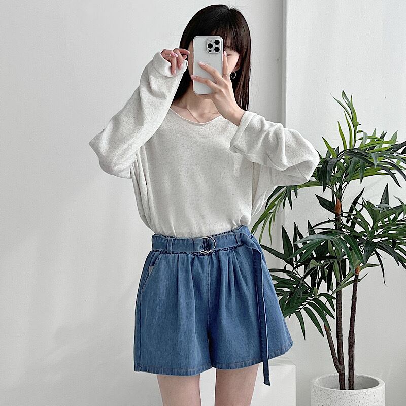 Deco Choice ふっわと美脚 デニム キュロット ショート パンツ ベルト付き Aライン フレア ミニ丈 ハイウエスト スタイルアップ カジュアル ガーリー フェミニン Lamitte Deco トレンド 韓国ファッション ショップ Base店