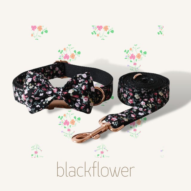 【パターンシリーズ】ブラックフラワー迷子札刻印サービス・犬用首輪＆リボン