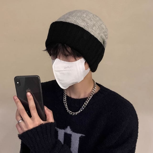 【予約販売】ニット帽 ワッチ ロールアップ メンズ バイカラー ストリート アウトドア シンプル カジュアル 防寒 グレー ダンス ヒップホップ こなれ感 お洒落 韓国 トレンド