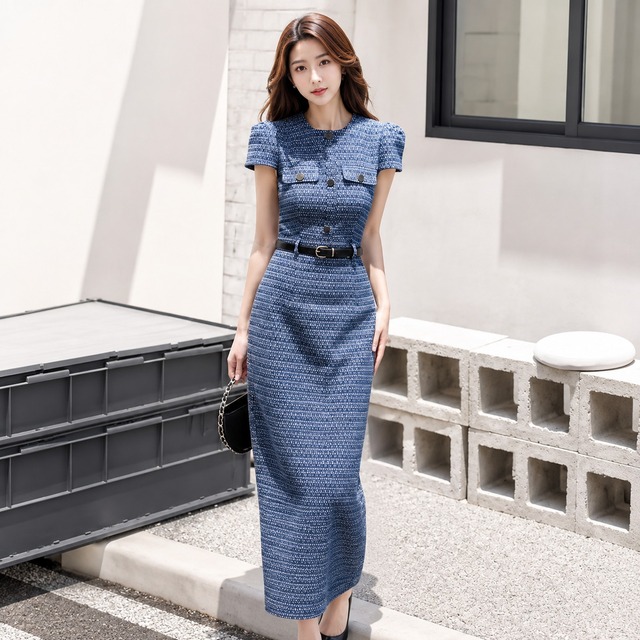 Patch Pockets Tweed style  Dress V3533