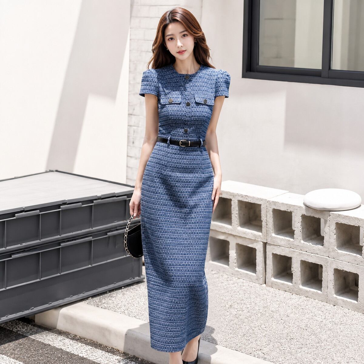 Patch Pockets Tweed style Dress V3533