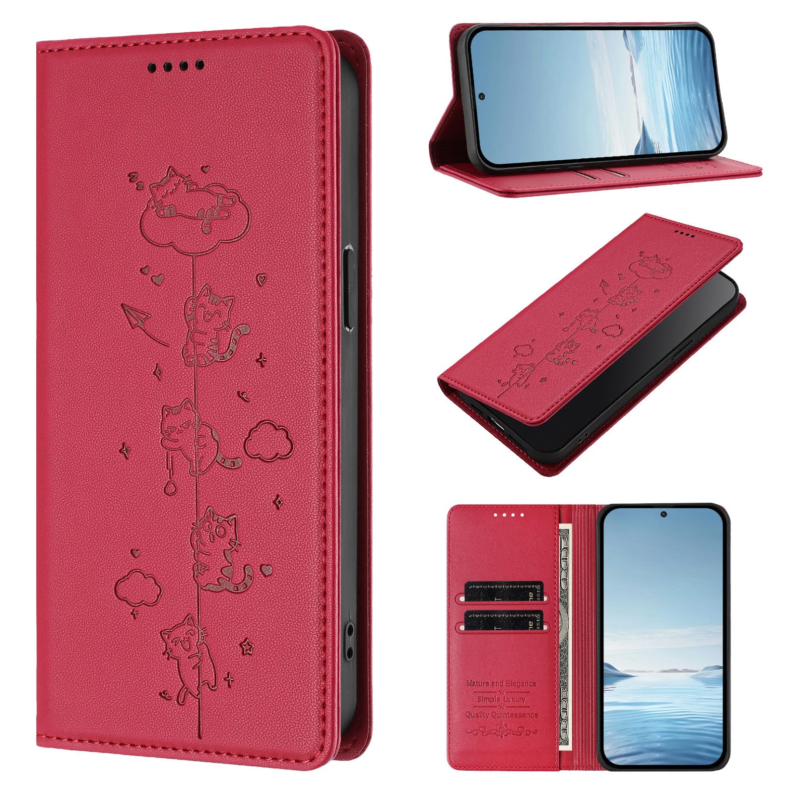 Zynthar 対応 Galaxy a53 5G ケース 手帳型 おしゃれ Galaxy A53 ケース 手帳型 ユニセックス アンドロイド GalaxyA53スマホケース ギャラクシーa53ケース 耐衝撃 全面保護 SCG15 カバー 磁気閉合 sc-53c 携帯ケース 横置き機能 財布型 カード収納 適用する ギャラクシーSC53C 5g 携帯カバー 可愛い 猫柄 -レッド