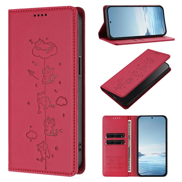 Zynthar 対応 Galaxy a53 5G ケース 手帳型 おしゃれ Galaxy A53 ケース 手帳型 ユニセックス アンドロイド GalaxyA53スマホケース ギャラクシーa53ケース 耐衝撃 全面保護 SCG15 カバー 磁気閉合 sc-53c 携帯ケース 横置き機能 財布型 カード収納 適用する ギャラクシーSC53C 5g 携帯カバー 可愛い 猫柄 -レッド