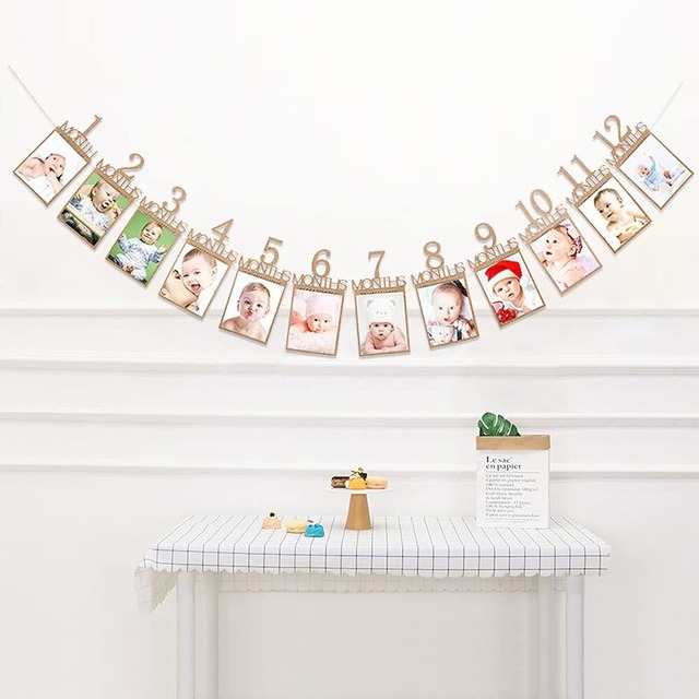 誕生日 写真 ガーランド フォトフレーム 飾り付け 1歳 12ヶ月 バースディ パーティー お祝い 装飾 壁掛け 写真フレーム 写真立て 記念日 赤ちゃん 結婚 ひも付き (茶色)