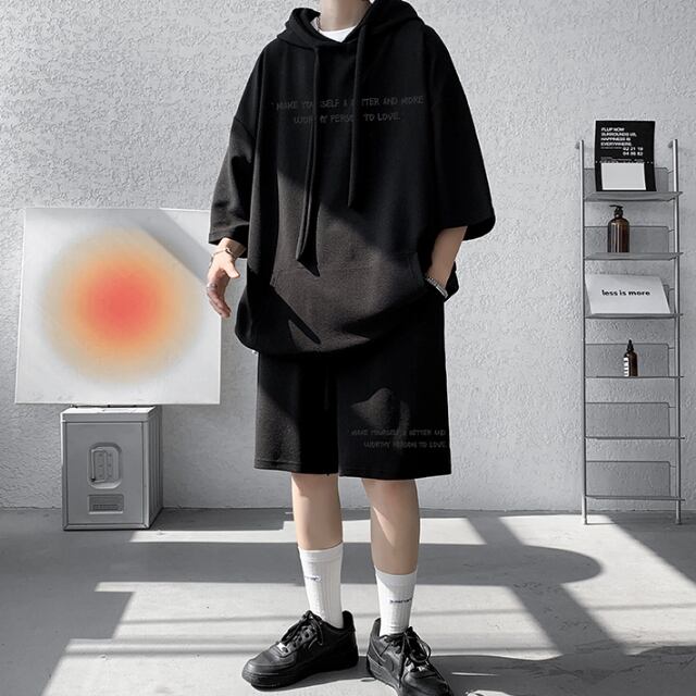 【予約販売】メンズ セットアップ スエット パーカー フーディ 無地 上下 半袖Tシャツ ハーフパンツ ストリート ホワイト/ブラック/グレー 部屋着 韓国 ジム スポーツウエア カジュアル 春 夏 大きいサイズ M/L/XL/2XL/3XL/4XL/5XL