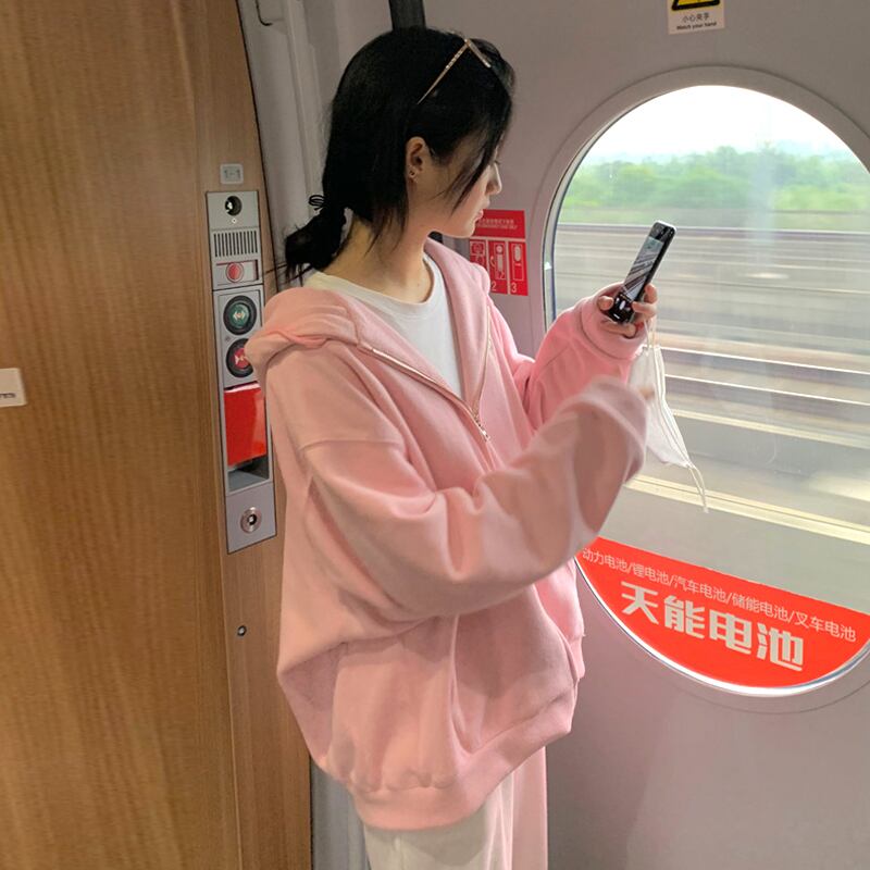 フードセーター コート スプリングオータム薄手ルーズスタイル ピンク 春物 秋物 試着室667242444