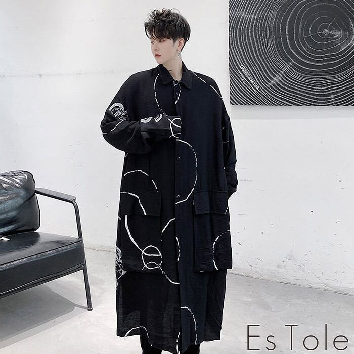 【お支払い確認後20日以内発送】EsTole デザインロングシャツ シャツコート ロング丈 ダボシャツ カジュアルシャツ 柄シャツ ビッグポケット  羽織り オーバーサイズ ゆったり ビッグサイズ トップス メンズ ストリート モード系 個性的 原宿系 エストール