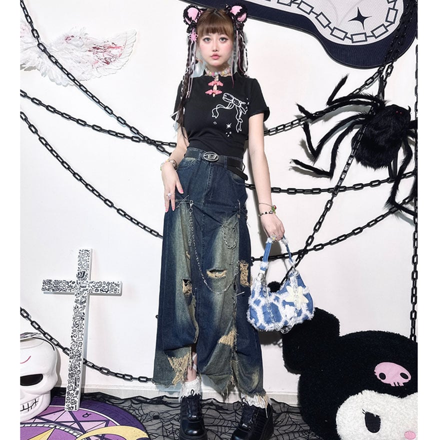 SEASONZ パンク デニムスカート ロングスカート ダメージ加工 原宿