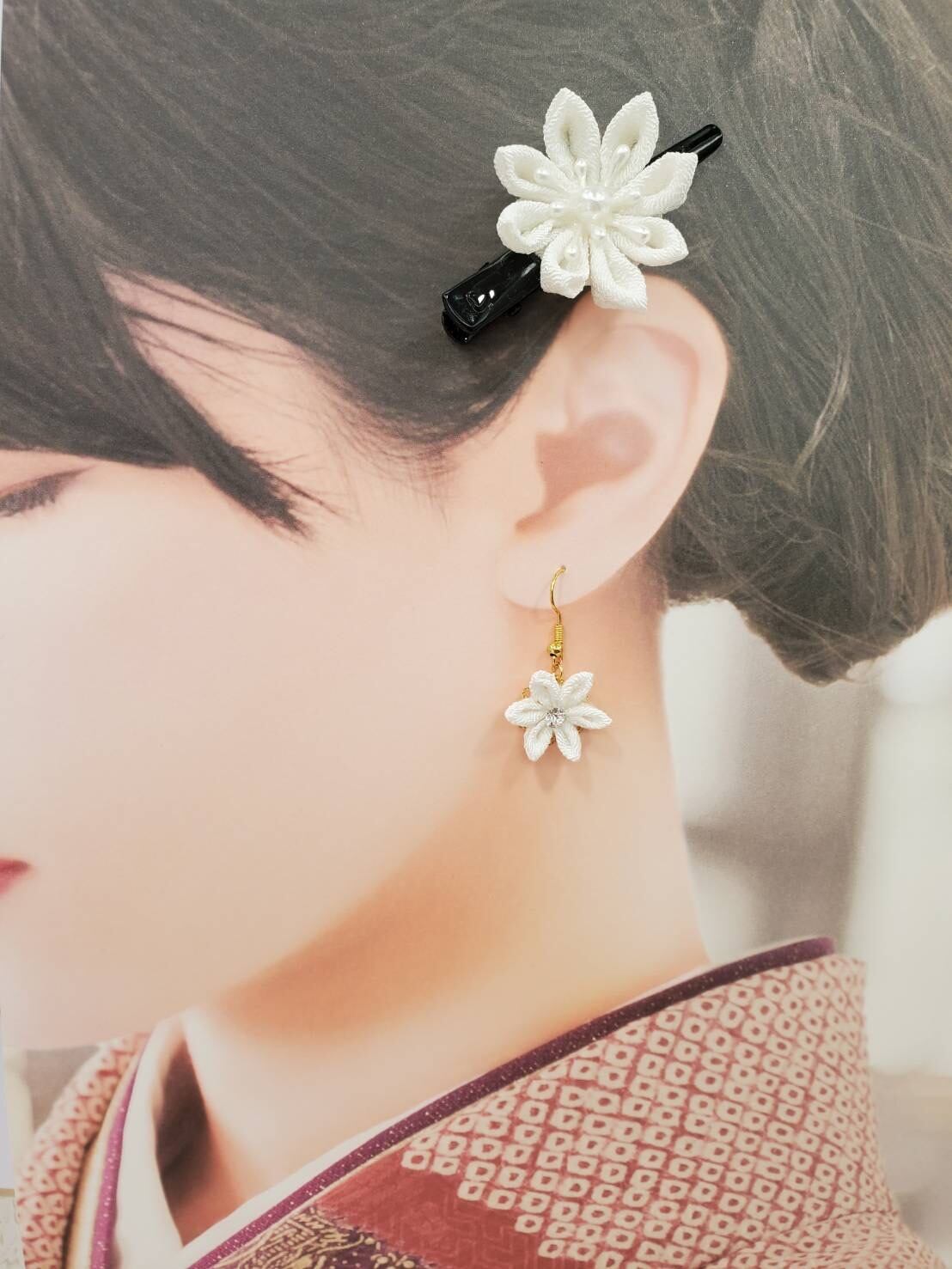 つまみ細工 剣つまみ パッチン ピアス(イヤリング交換可)】 m-10