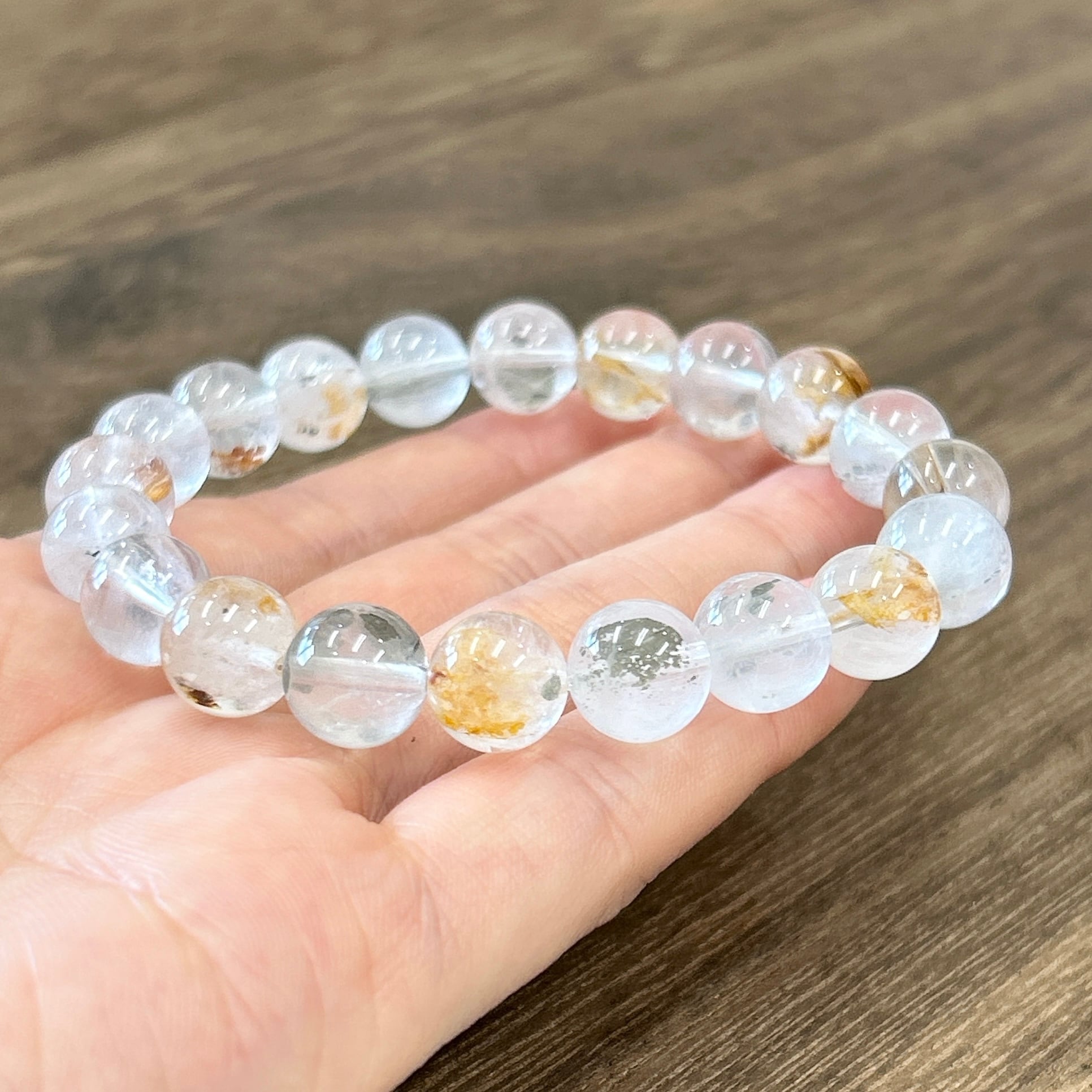 宝石入り】マーカサイト&ライモナイトインクォーツ♪9.5ミリ♪天然石