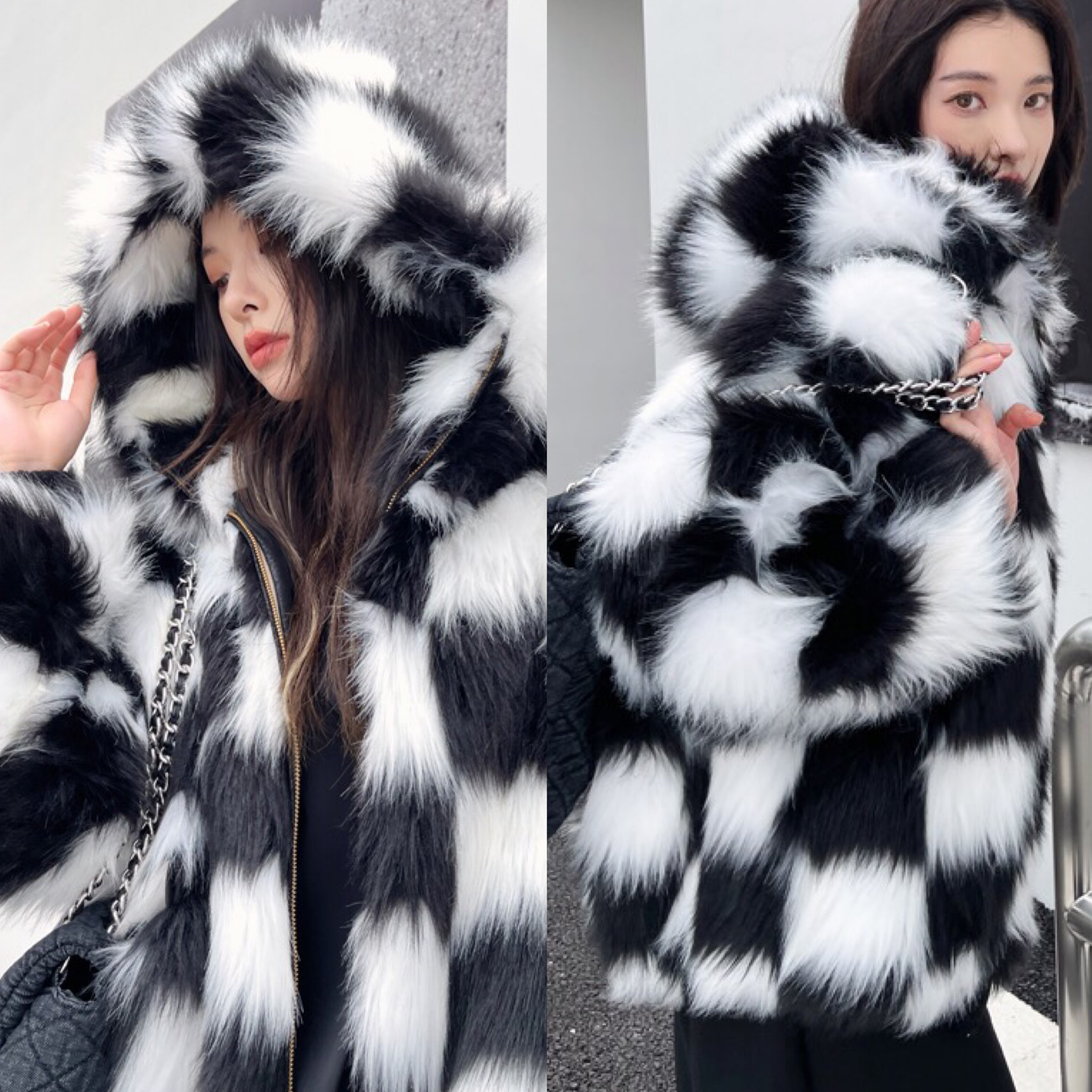 美✨バーバリー チェック柄 ファーコート カーデ ベルテッド 2way アンゴラ ファー 白 黒 チェック カーディガン ボーダー フード パーカー