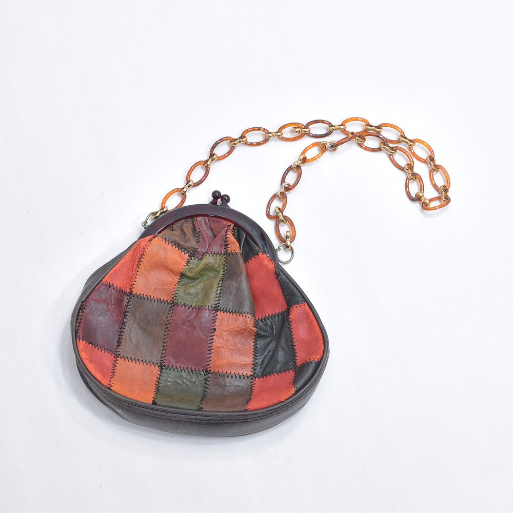 Used パッチワーク がま口デザイン マルチカラー レザー ハンドバッグ かばん 継ぎ接ぎ 本革 ヴィンテージ レトロ ダークブラウン キャメル ビンテージ 古着