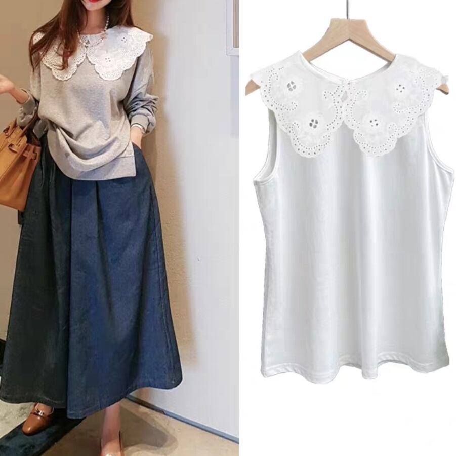 Cutwork design collar tank top
