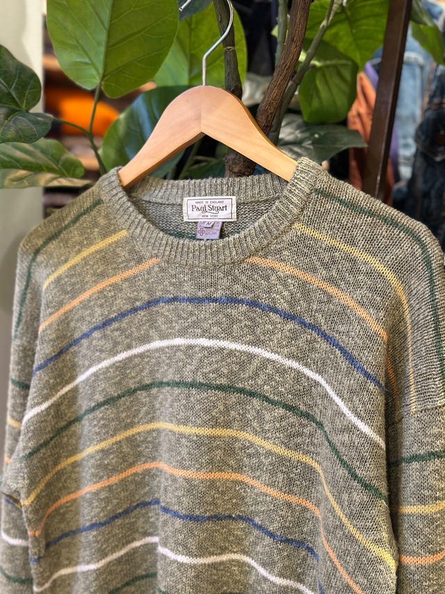 PAUL STUART COTTON LINEN SWEATER MULTI BORDER GREEN