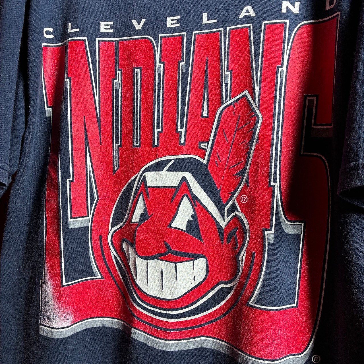 90s USA製LOGO7 MLB INDIANS ワフー酋長 ロゴTシャツ ネイビー