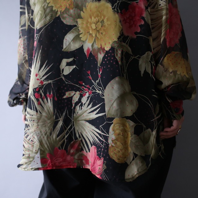 black base flower art pattern over silhouette sheer shirt