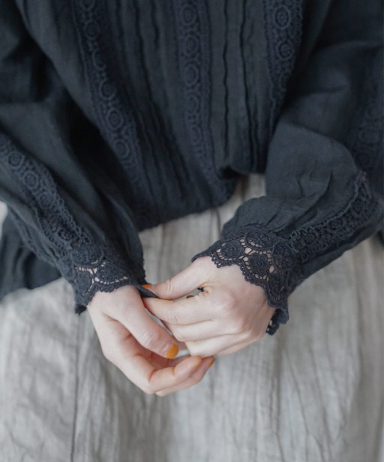 レトロフレンチリネンスタンドカラーレースシャツ