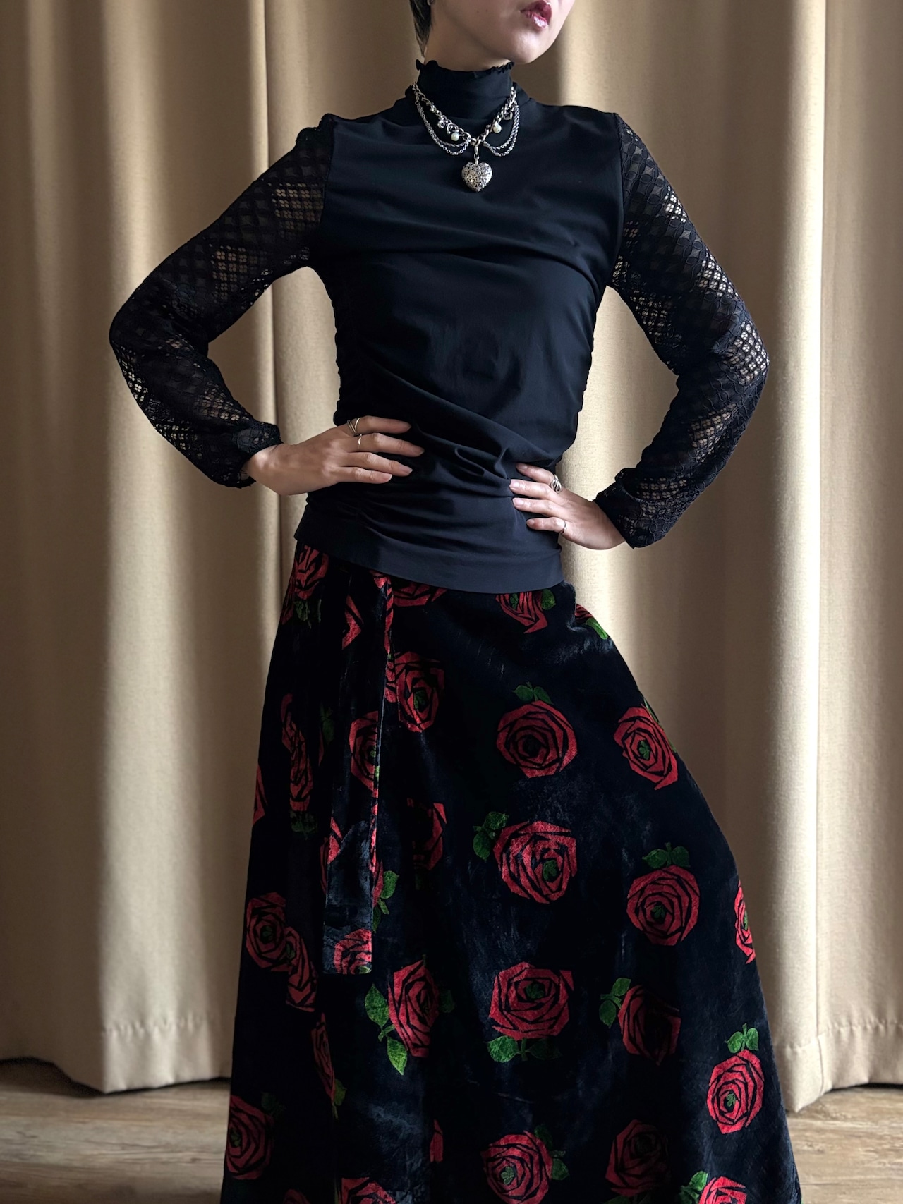 red rose pattern velour maxi skirt-5096-12